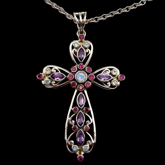 ✝️NICKY BUTLER 925 Sterling Silver Rainbow Moonstone Amethyst Cross Necklace NEW - Picture 4 of 10
